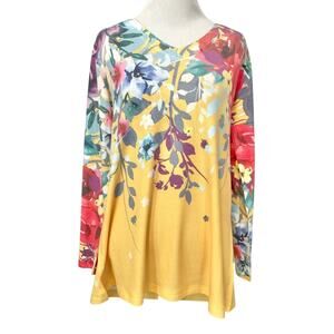 Soft Surroundings Womens Long Sleeve Top S Petite Yellow Floral Stretch Spring